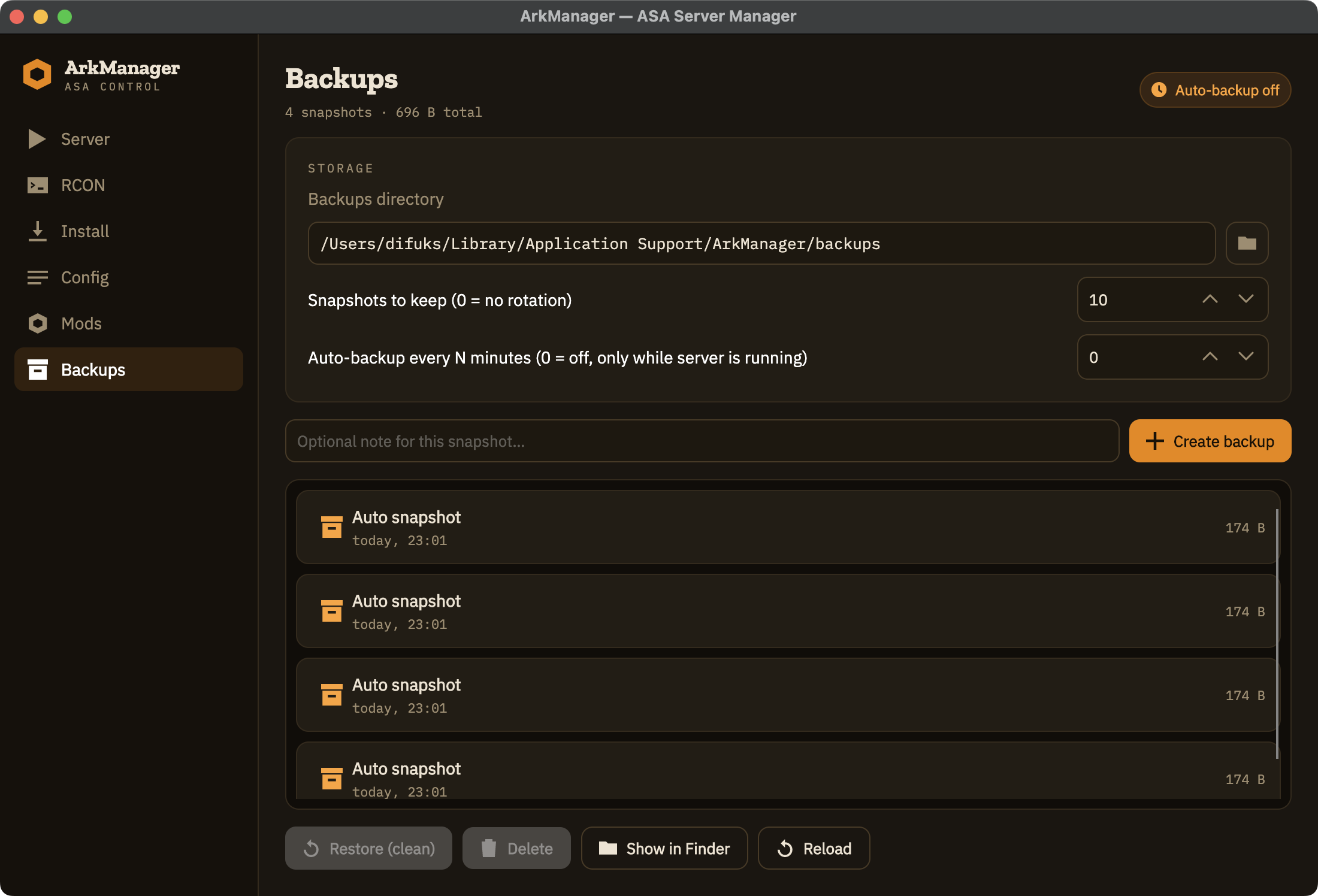 ArkManager Backups tab