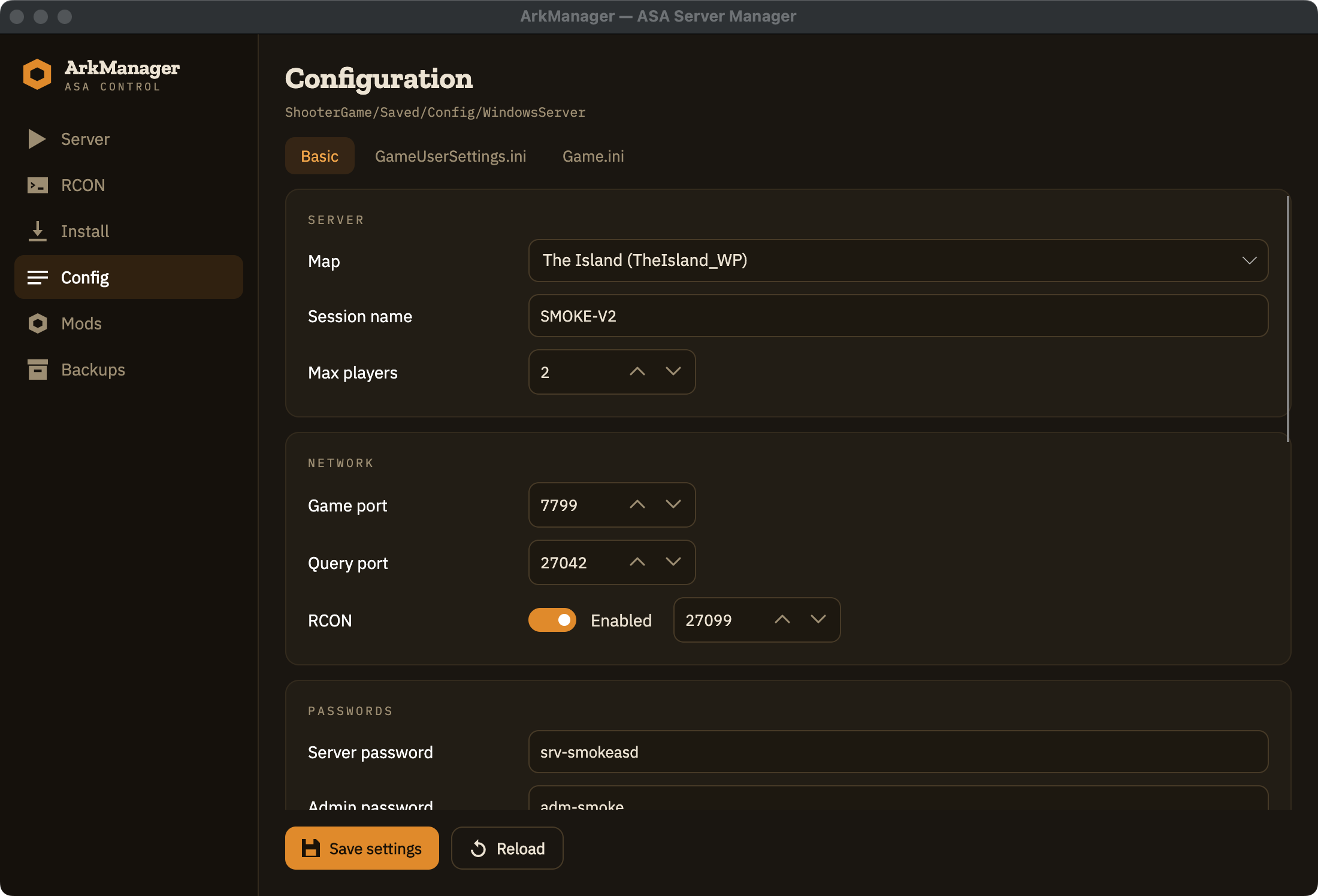 ArkManager Config tab