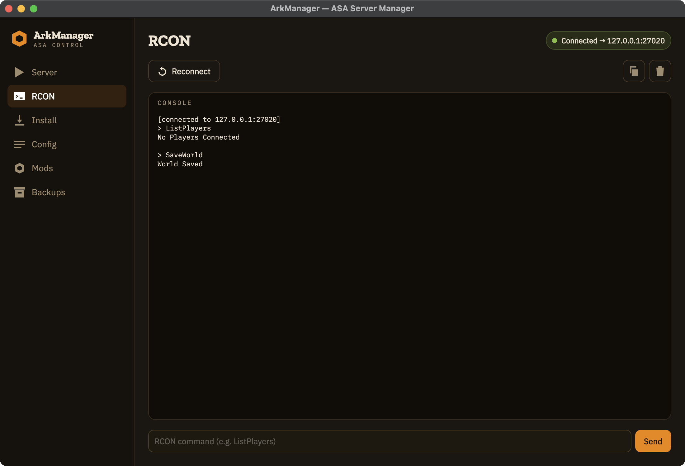 ArkManager RCON tab