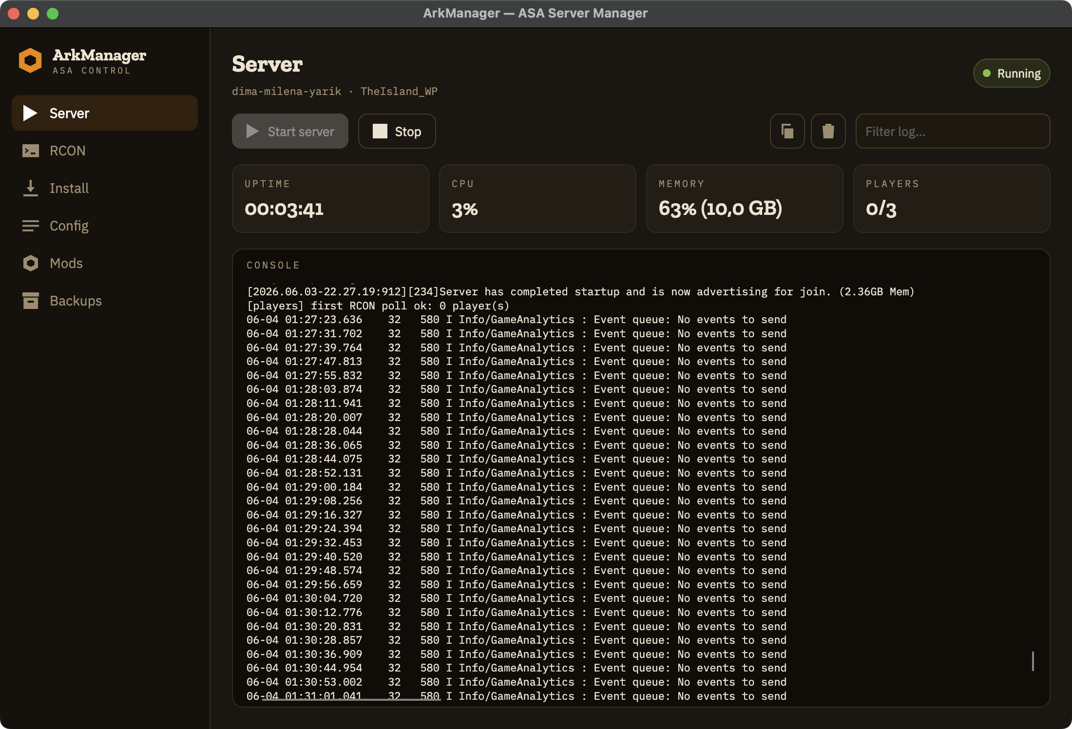 ArkManager Server tab screenshot